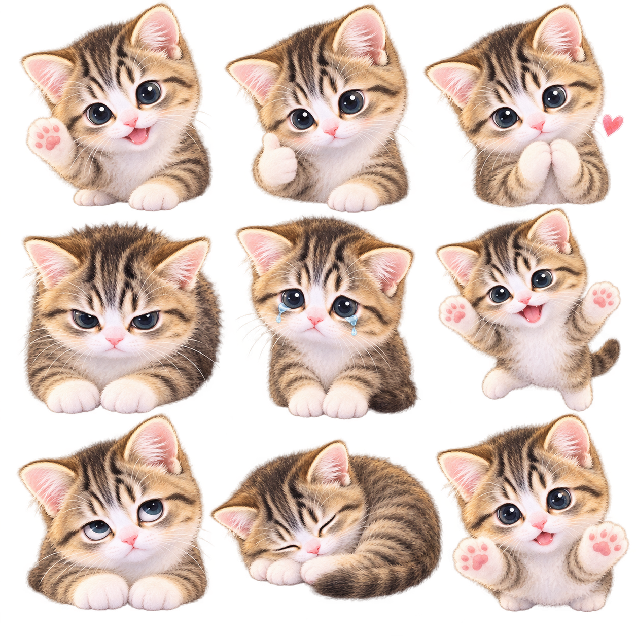 Nine illustrated expressions of the same tabby kitten