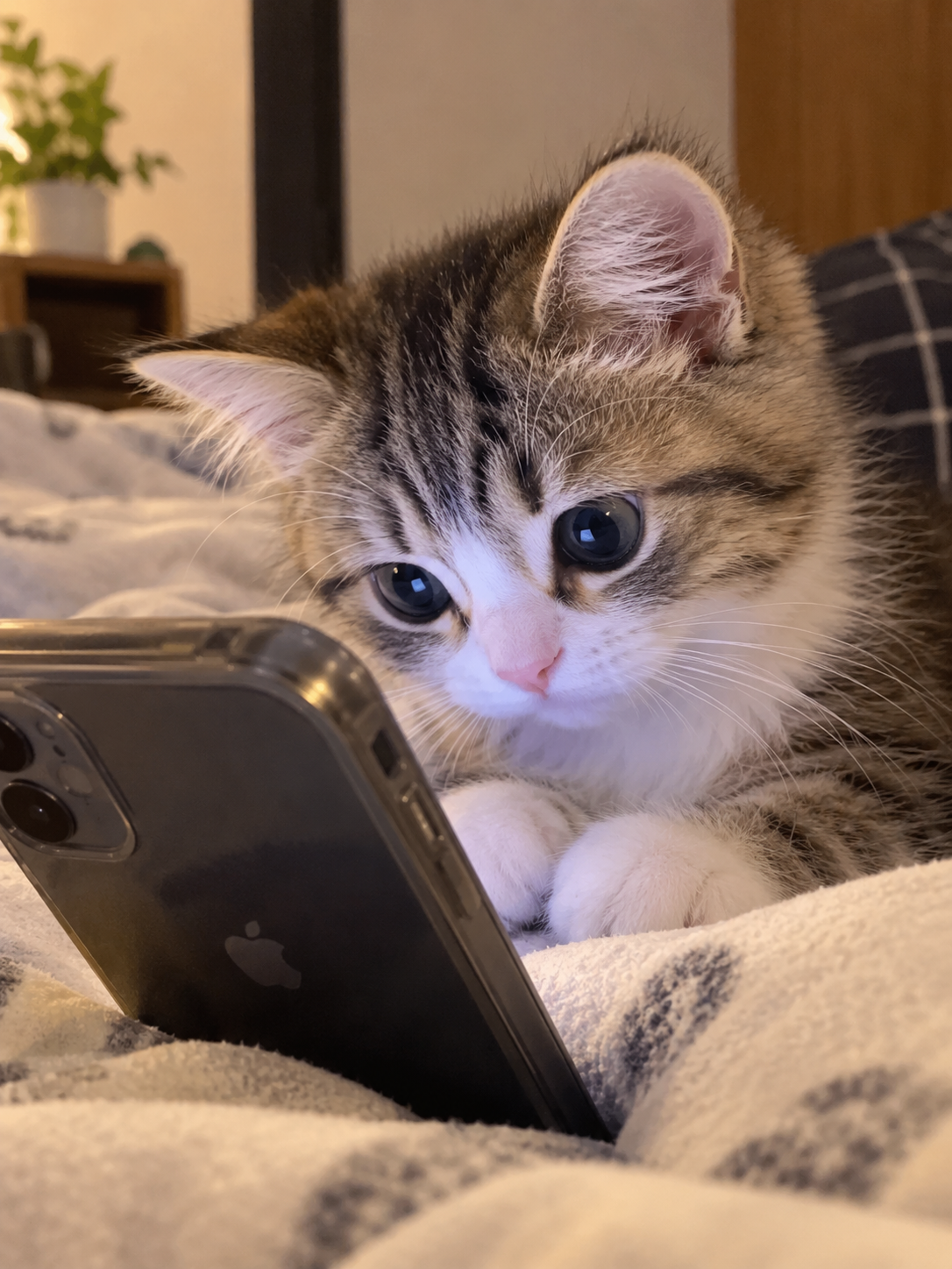 Original photo of a tabby kitten looking at a phone