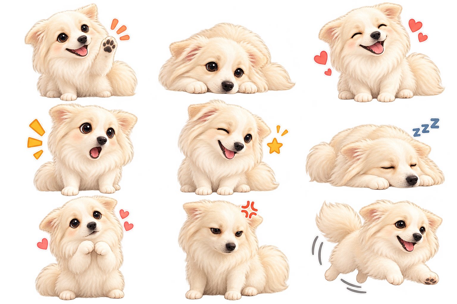 Nine expressive illustrations of the cream-colored dog